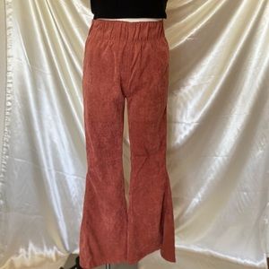 Salmon Pink Ribbed Velvet Wide Leg Pants